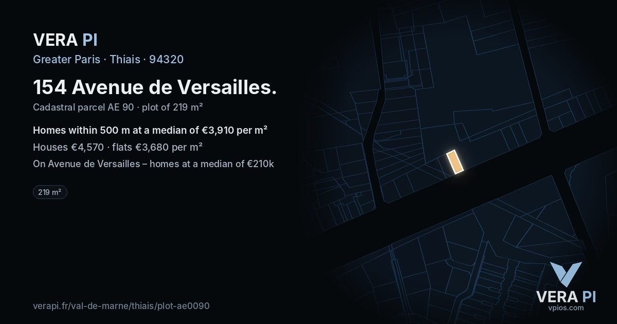 154 Avenue de Versailles, Thiais at night – the plot lit, the parcels around coloured by the prices near them