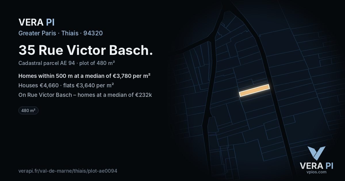 35 Rue Victor Basch, Thiais at night – the plot lit, the parcels around coloured by the prices near them