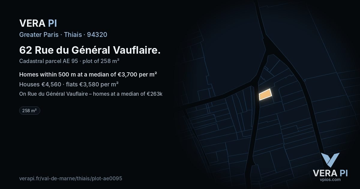 62 Rue du Général Vauflaire, Thiais at night – the plot lit, the parcels around coloured by the prices near them