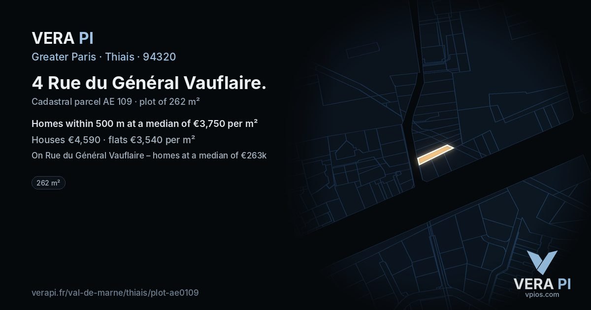 4 Rue du Général Vauflaire, Thiais at night – the plot lit, the parcels around coloured by the prices near them