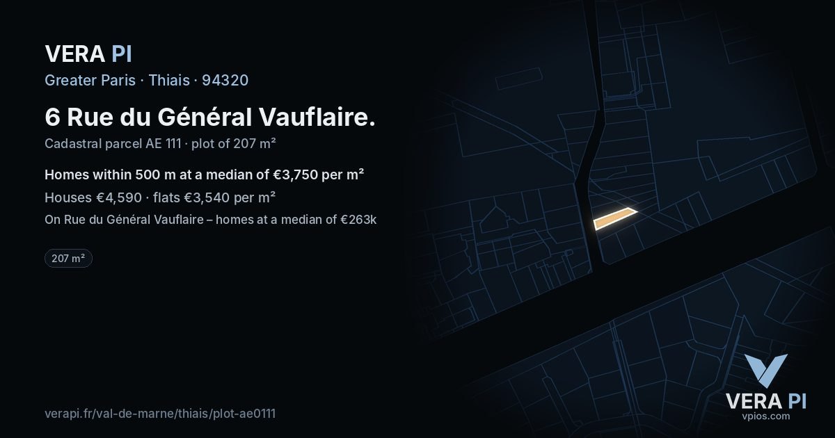 6 Rue du Général Vauflaire, Thiais at night – the plot lit, the parcels around coloured by the prices near them