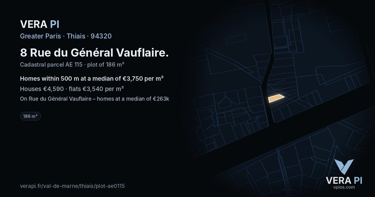 8 Rue du Général Vauflaire, Thiais at night – the plot lit, the parcels around coloured by the prices near them