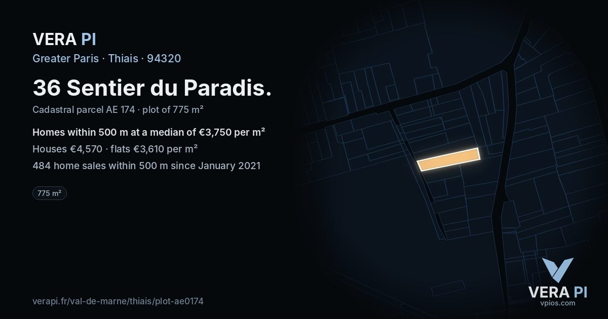 36 Sentier du Paradis, Thiais at night – the plot lit, the parcels around coloured by the prices near them