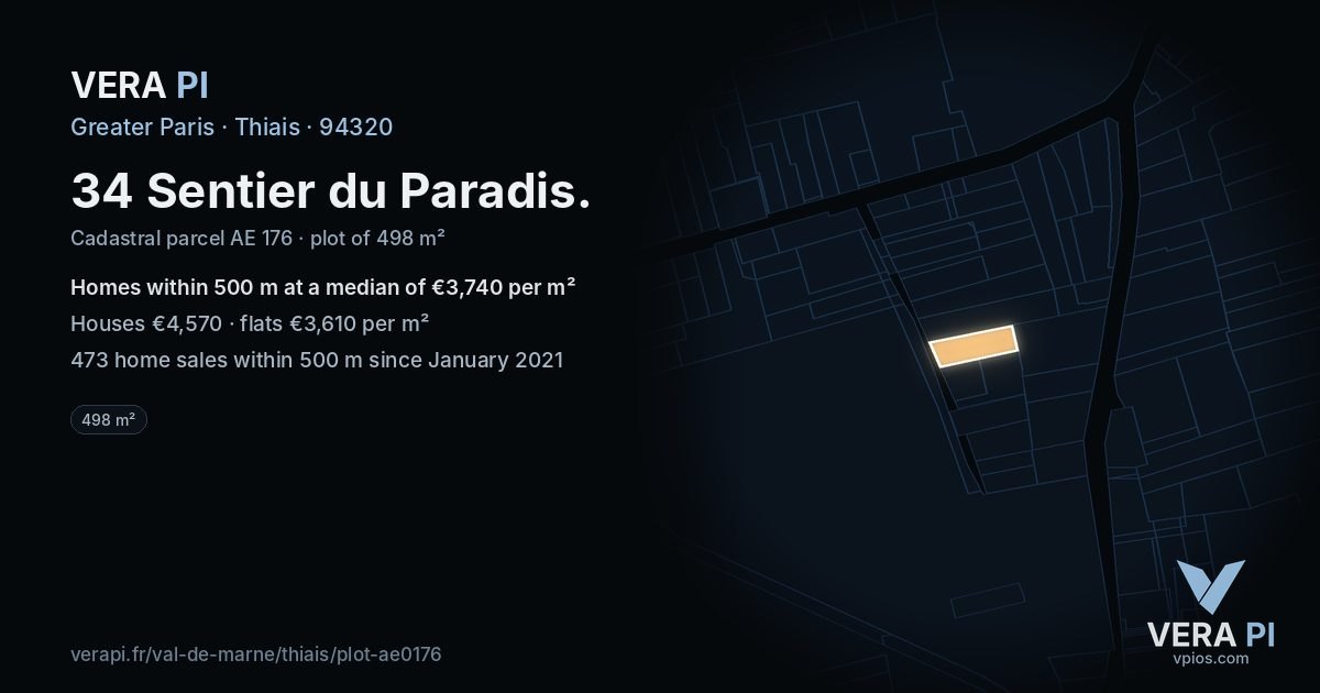 34 Sentier du Paradis, Thiais at night – the plot lit, the parcels around coloured by the prices near them