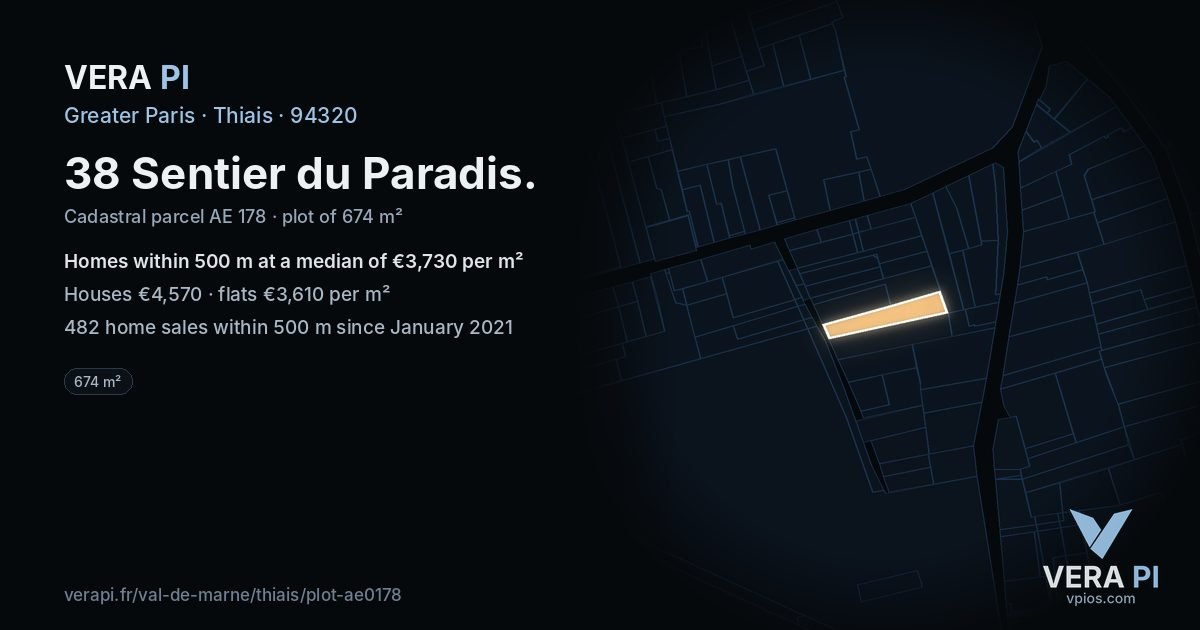 38 Sentier du Paradis, Thiais at night – the plot lit, the parcels around coloured by the prices near them