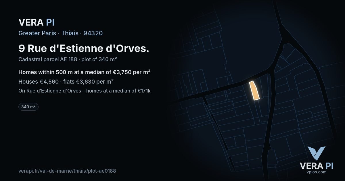9 Rue d'Estienne d'Orves, Thiais at night – the plot lit, the parcels around coloured by the prices near them