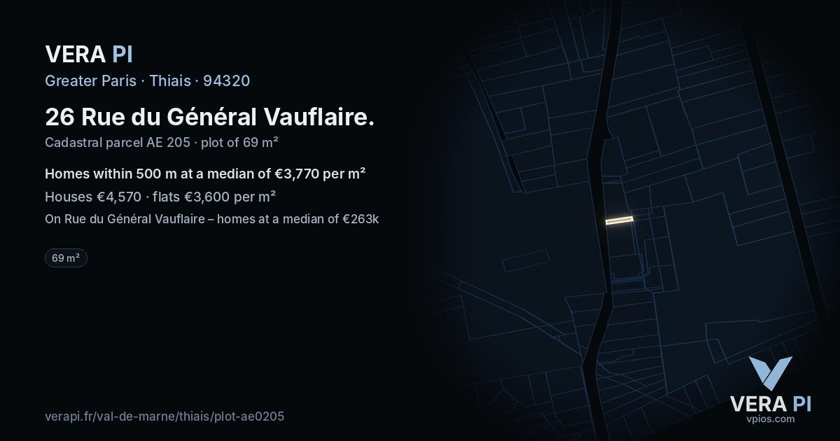 26 Rue du Général Vauflaire, Thiais at night – the plot lit, the parcels around coloured by the prices near them