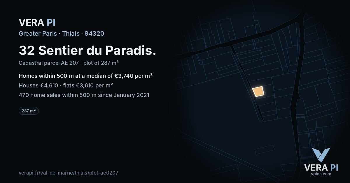 32 Sentier du Paradis, Thiais at night – the plot lit, the parcels around coloured by the prices near them