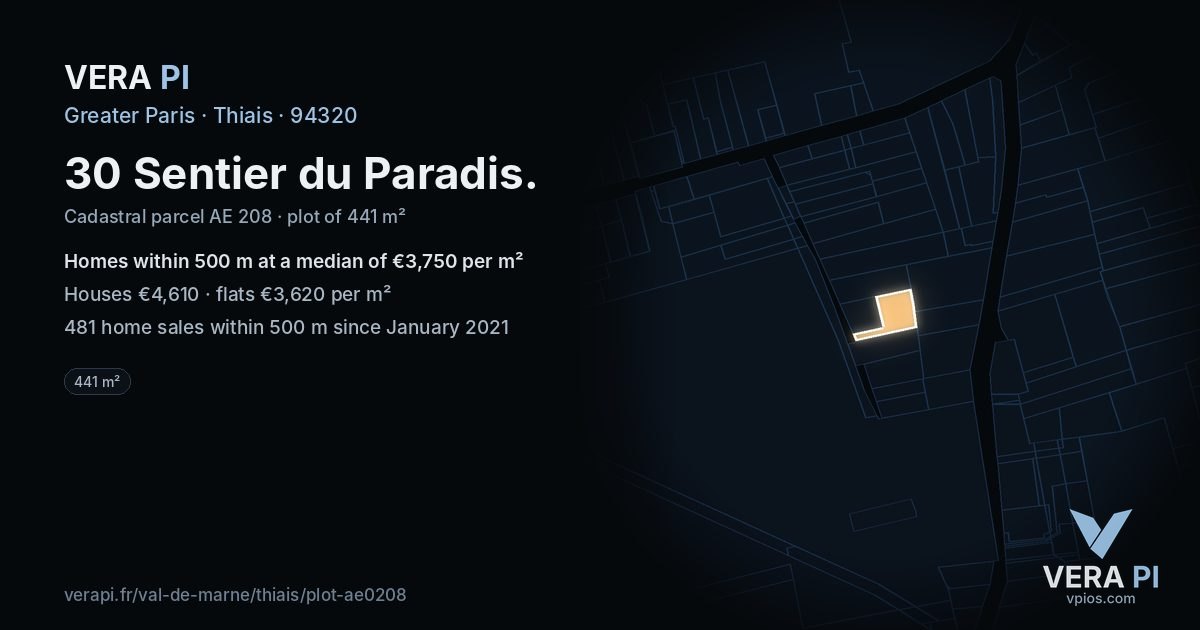 30 Sentier du Paradis, Thiais at night – the plot lit, the parcels around coloured by the prices near them