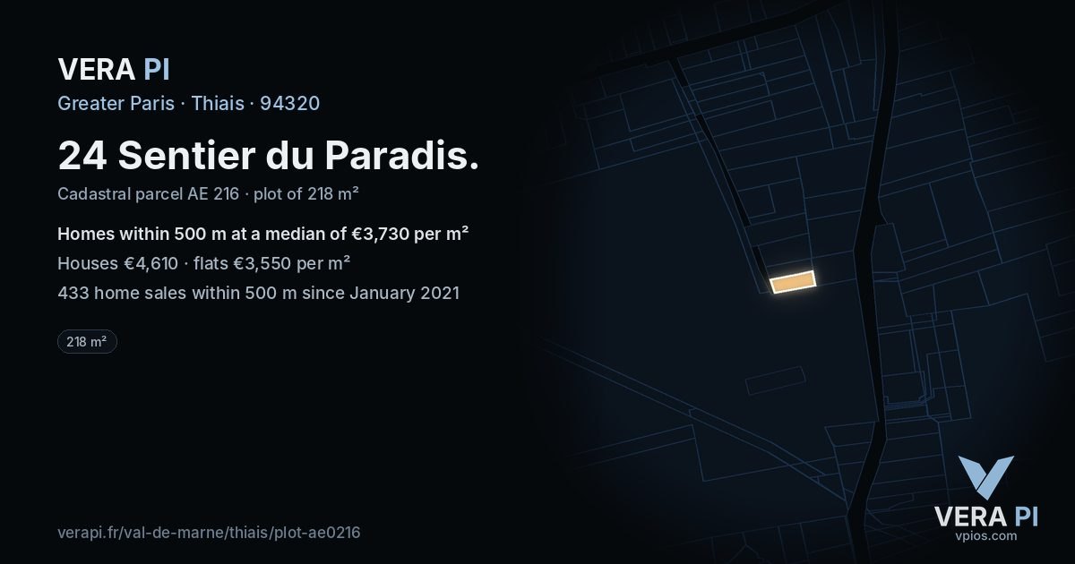 24 Sentier du Paradis, Thiais at night – the plot lit, the parcels around coloured by the prices near them