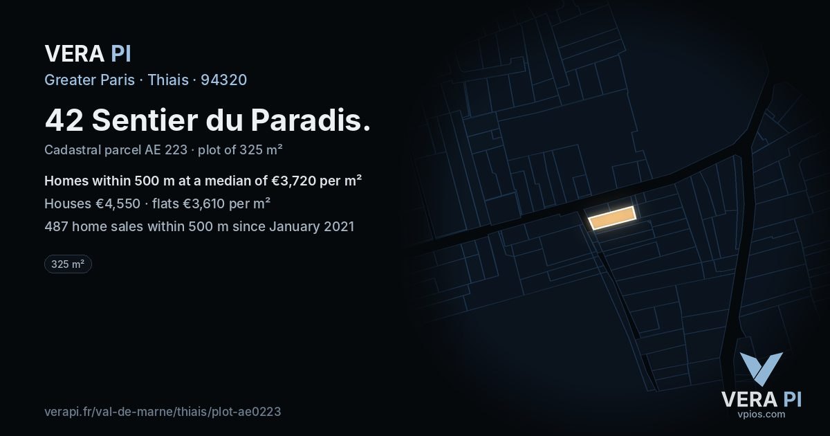 42 Sentier du Paradis, Thiais at night – the plot lit, the parcels around coloured by the prices near them