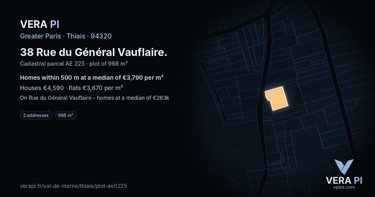 38 Rue du Général Vauflaire, Thiais at night – the plot lit, the parcels around coloured by the prices near them