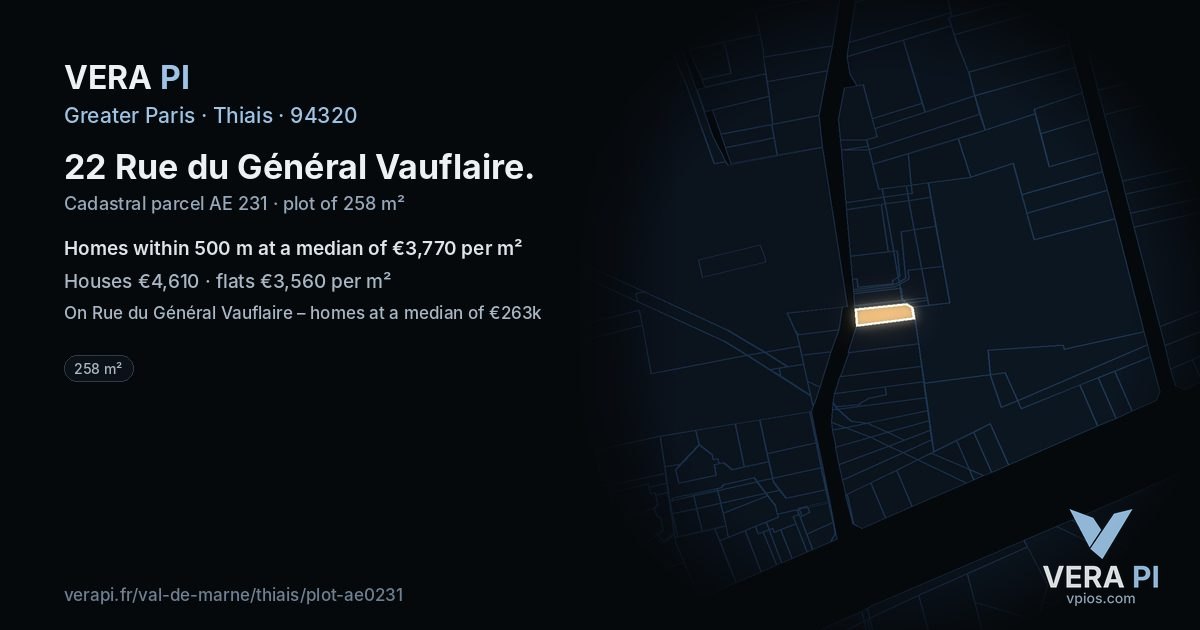 22 Rue du Général Vauflaire, Thiais at night – the plot lit, the parcels around coloured by the prices near them