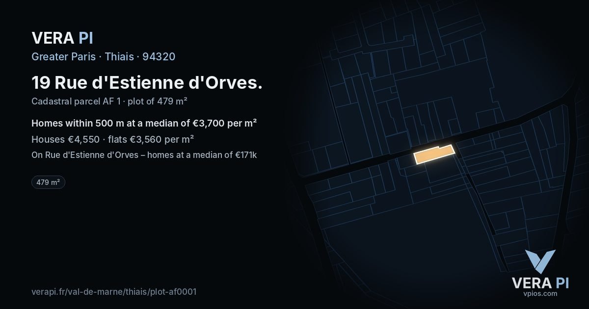 19 Rue d'Estienne d'Orves, Thiais at night – the plot lit, the parcels around coloured by the prices near them