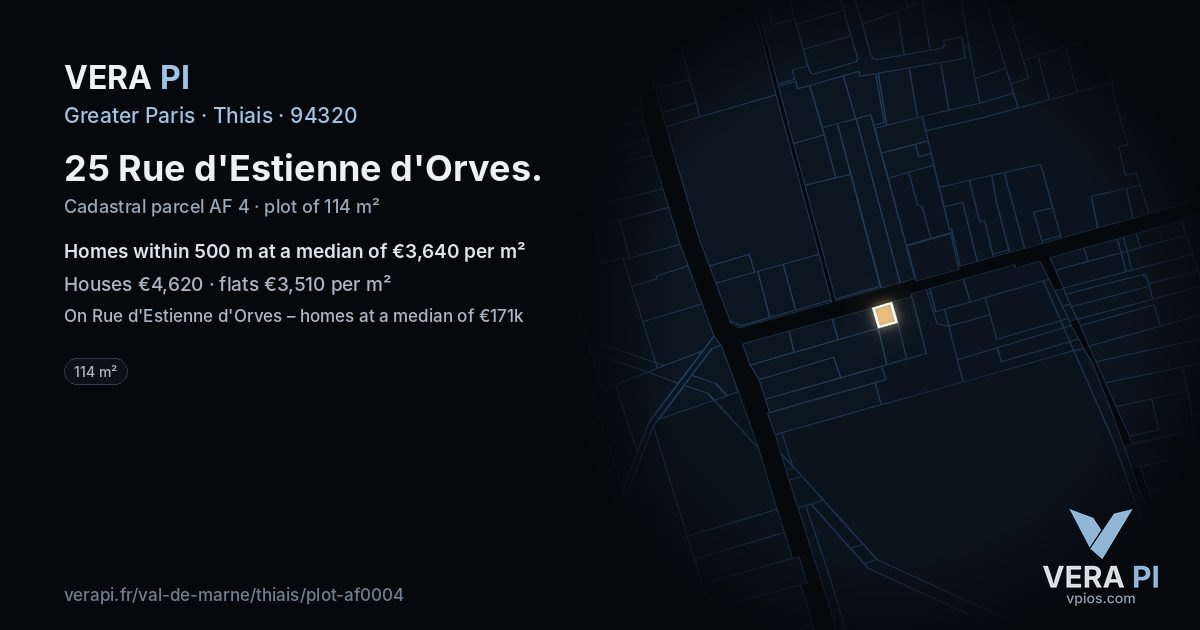 25 Rue d'Estienne d'Orves, Thiais at night – the plot lit, the parcels around coloured by the prices near them