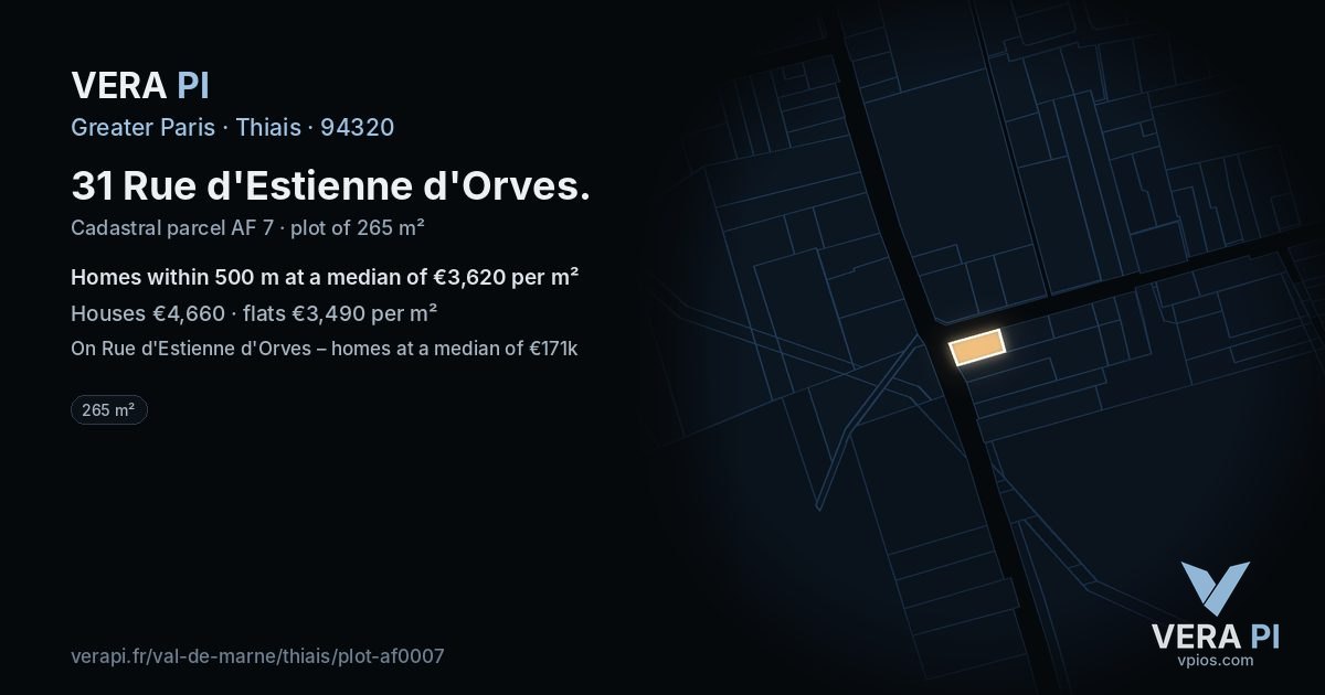 31 Rue d'Estienne d'Orves, Thiais at night – the plot lit, the parcels around coloured by the prices near them