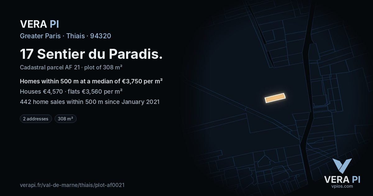 17 Sentier du Paradis, Thiais at night – the plot lit, the parcels around coloured by the prices near them