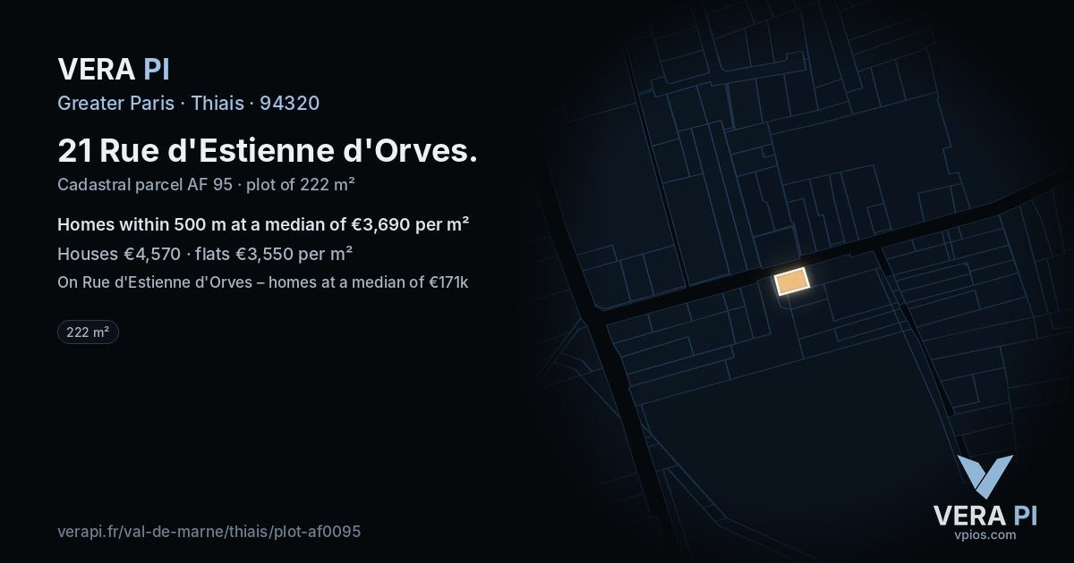 21 Rue d'Estienne d'Orves, Thiais at night – the plot lit, the parcels around coloured by the prices near them