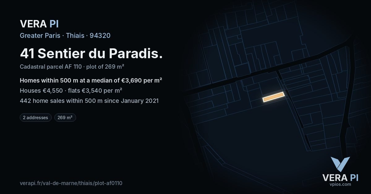 41 Sentier du Paradis, Thiais at night – the plot lit, the parcels around coloured by the prices near them