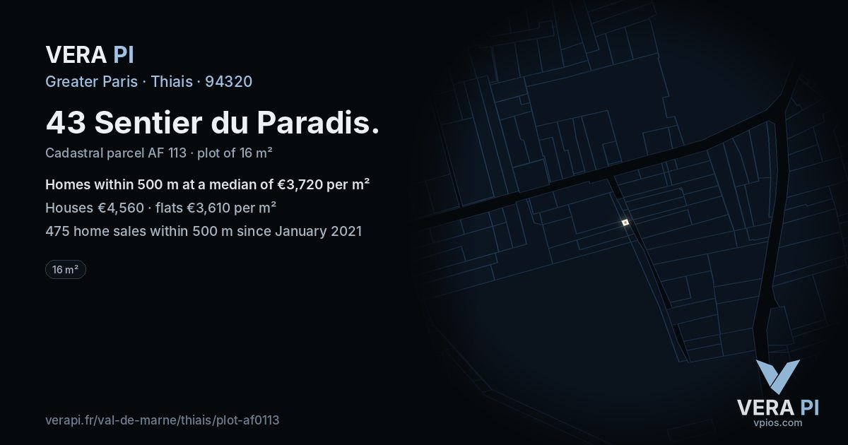 43 Sentier du Paradis, Thiais at night – the plot lit, the parcels around coloured by the prices near them