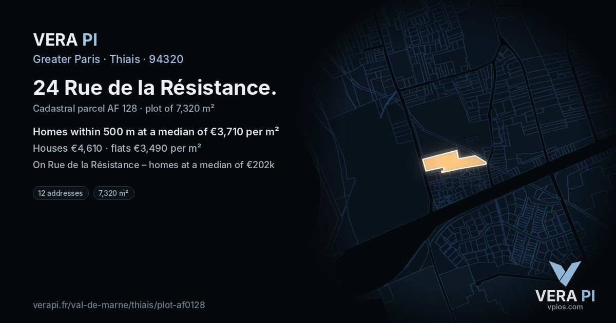 24 Rue de la Résistance, Thiais at night – the plot lit, the parcels around coloured by the prices near them