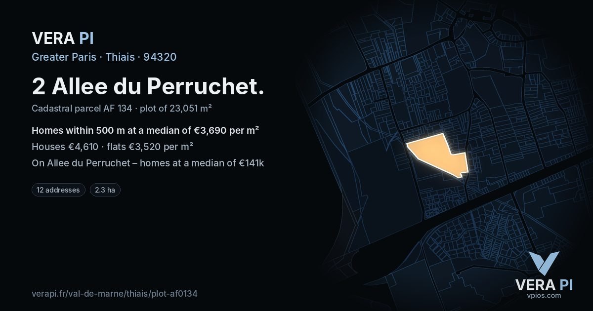 2 Allee du Perruchet, Thiais at night – the plot lit, the parcels around coloured by the prices near them