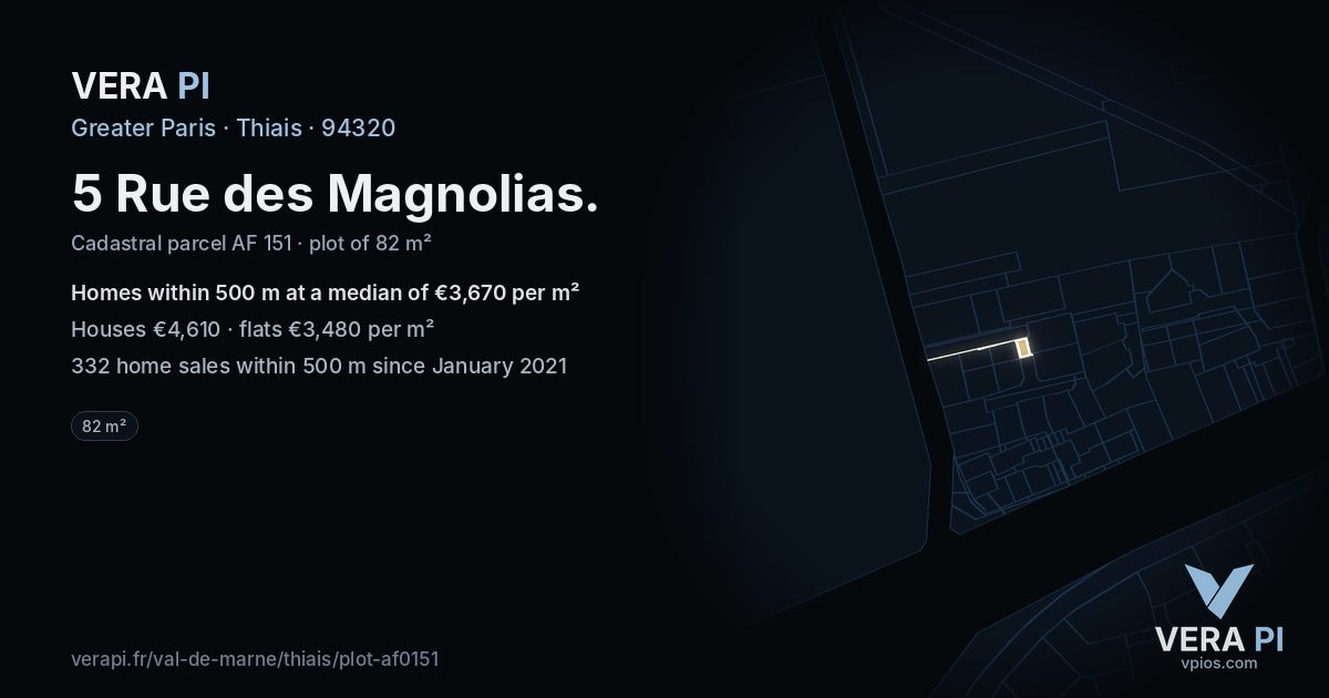 5 Rue des Magnolias, Thiais at night – the plot lit, the parcels around coloured by the prices near them