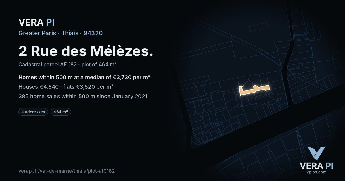 2 Rue des Mélèzes, Thiais at night – the plot lit, the parcels around coloured by the prices near them