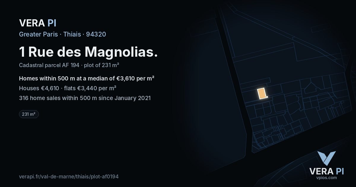 1 Rue des Magnolias, Thiais at night – the plot lit, the parcels around coloured by the prices near them