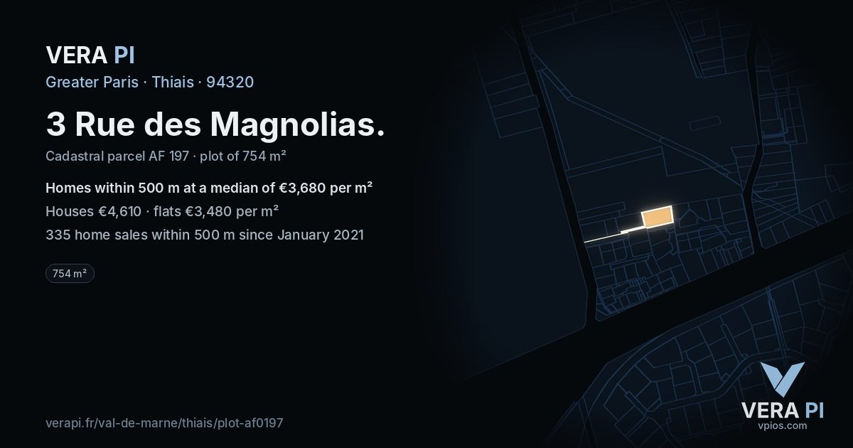 3 Rue des Magnolias, Thiais at night – the plot lit, the parcels around coloured by the prices near them