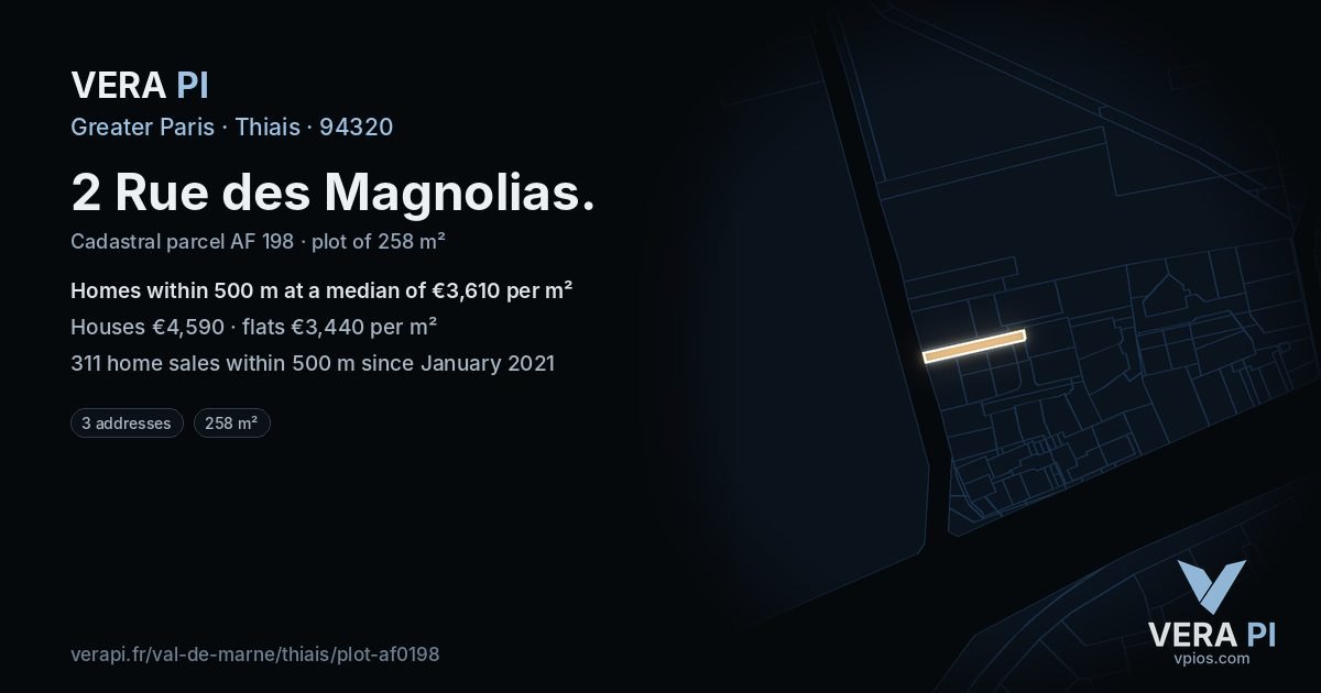 2 Rue des Magnolias, Thiais at night – the plot lit, the parcels around coloured by the prices near them