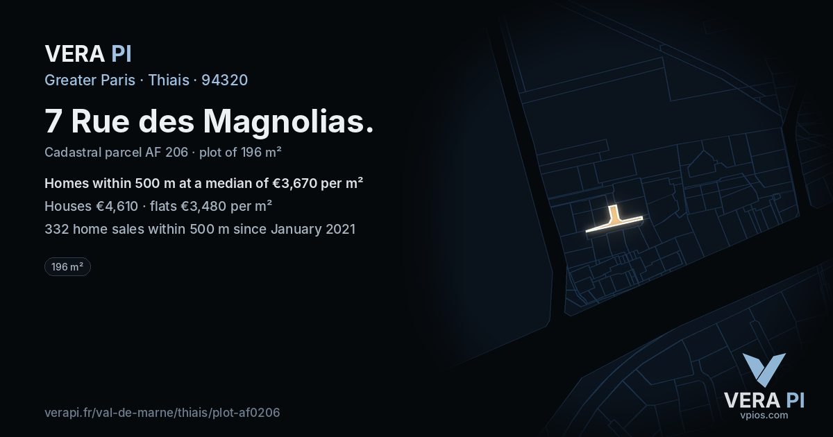 7 Rue des Magnolias, Thiais at night – the plot lit, the parcels around coloured by the prices near them