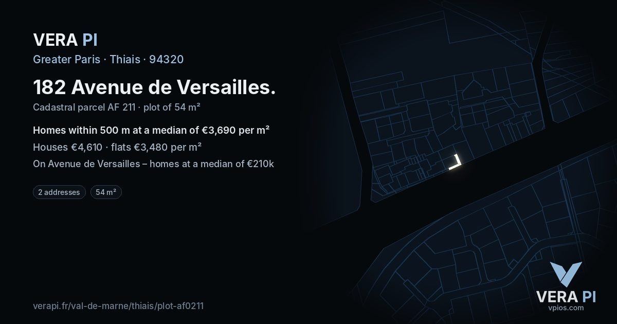182 Avenue de Versailles, Thiais at night – the plot lit, the parcels around coloured by the prices near them