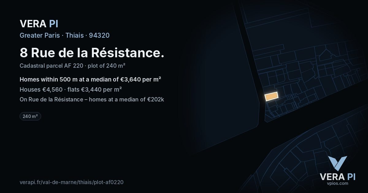 8 Rue de la Résistance, Thiais at night – the plot lit, the parcels around coloured by the prices near them