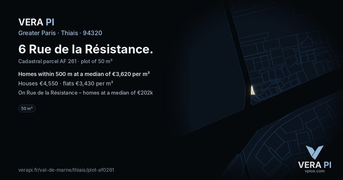 6 Rue de la Résistance, Thiais at night – the plot lit, the parcels around coloured by the prices near them