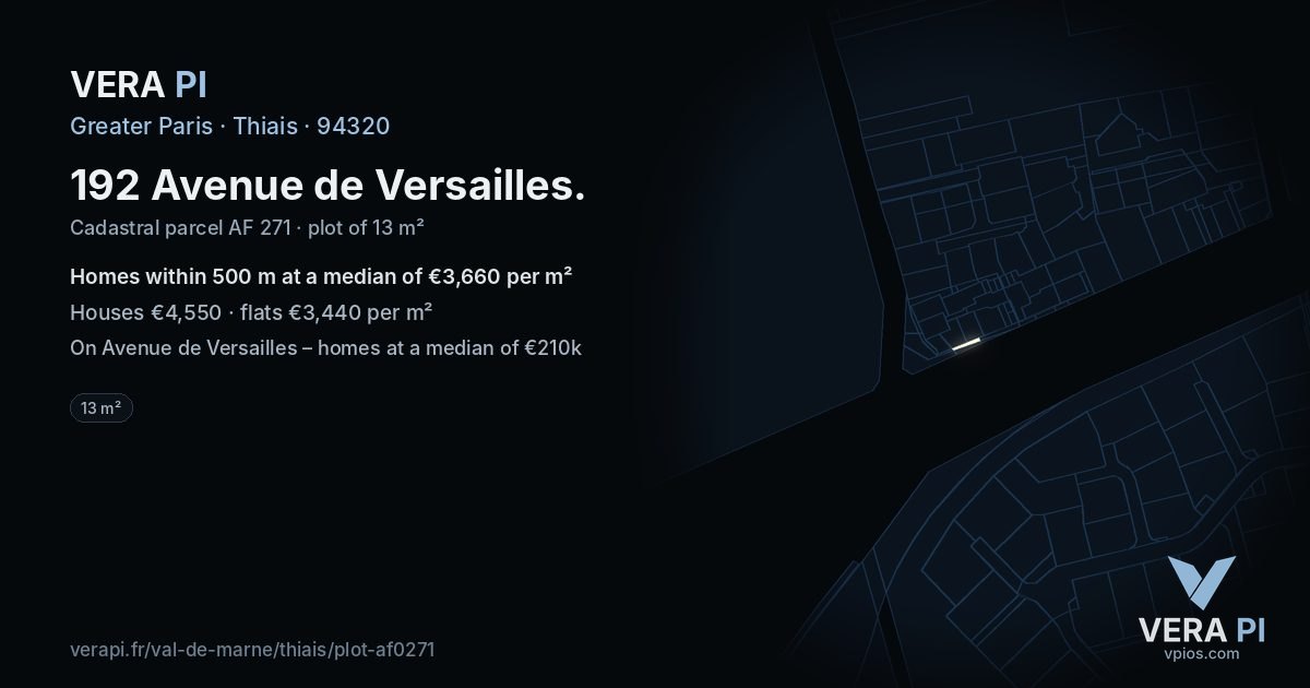 192 Avenue de Versailles, Thiais at night – the plot lit, the parcels around coloured by the prices near them