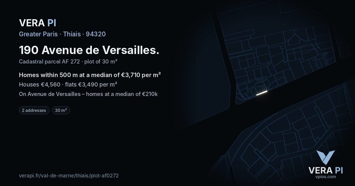 190 Avenue de Versailles, Thiais at night – the plot lit, the parcels around coloured by the prices near them