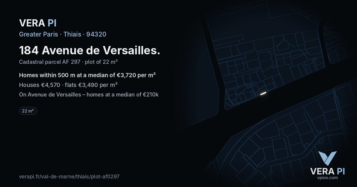 184 Avenue de Versailles, Thiais at night – the plot lit, the parcels around coloured by the prices near them