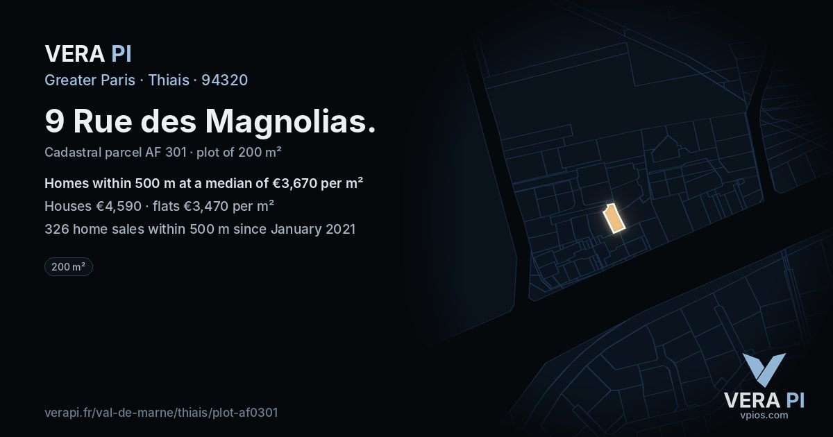 9 Rue des Magnolias, Thiais at night – the plot lit, the parcels around coloured by the prices near them