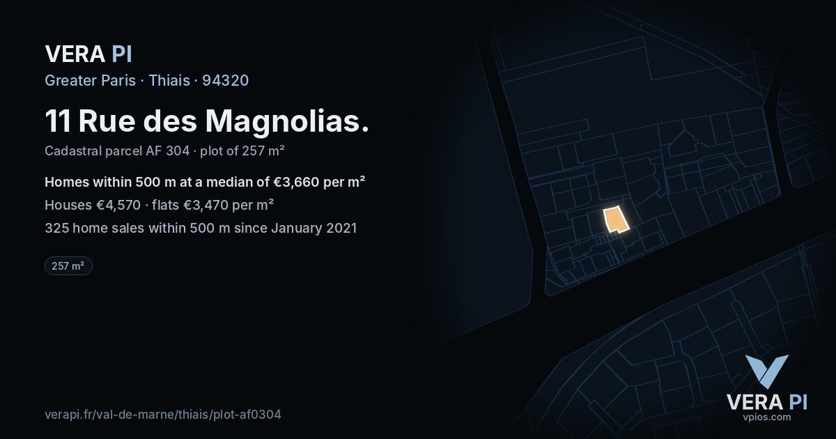 11 Rue des Magnolias, Thiais at night – the plot lit, the parcels around coloured by the prices near them