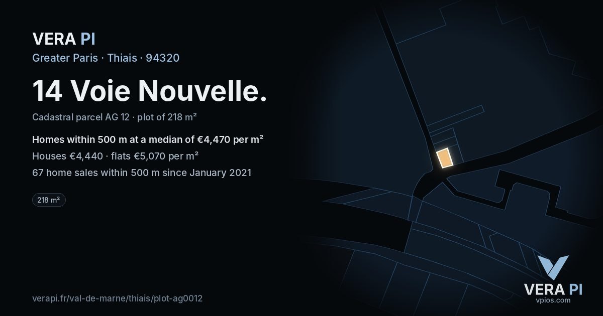 14 Voie Nouvelle, Thiais at night – the plot lit, the parcels around coloured by the prices near them