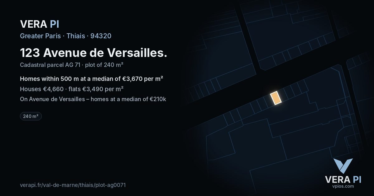 123 Avenue de Versailles, Thiais at night – the plot lit, the parcels around coloured by the prices near them