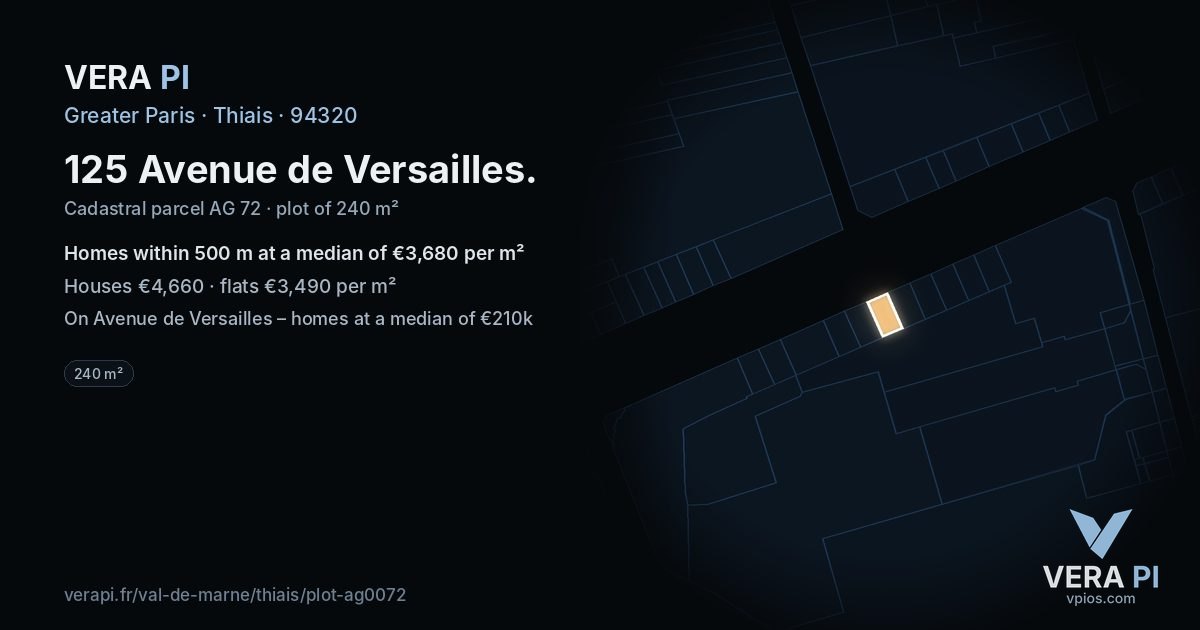 125 Avenue de Versailles, Thiais at night – the plot lit, the parcels around coloured by the prices near them
