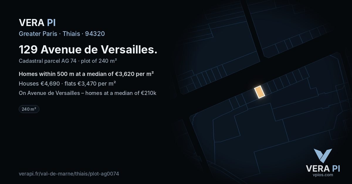 129 Avenue de Versailles, Thiais at night – the plot lit, the parcels around coloured by the prices near them