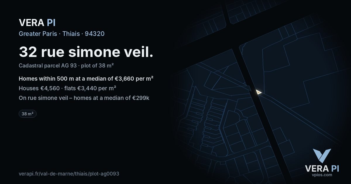 32 rue simone veil, Thiais at night – the plot lit, the parcels around coloured by the prices near them