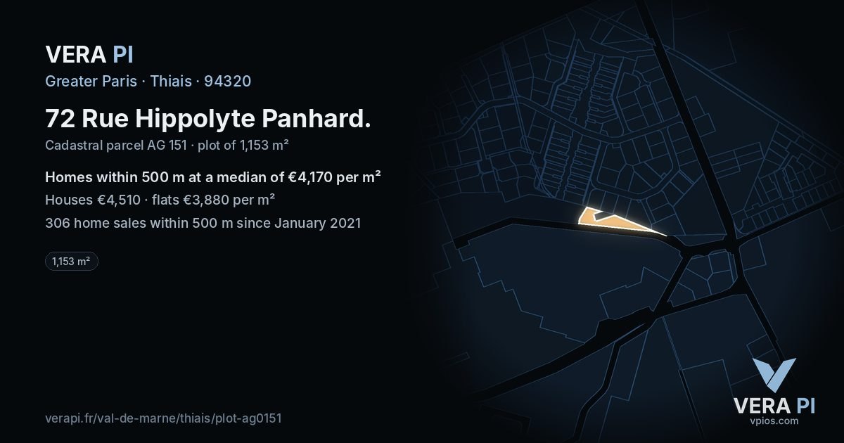 72 Rue Hippolyte Panhard, Thiais at night – the plot lit, the parcels around coloured by the prices near them