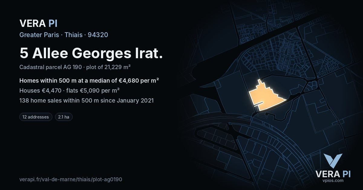 5 Allee Georges Irat, Thiais at night – the plot lit, the parcels around coloured by the prices near them