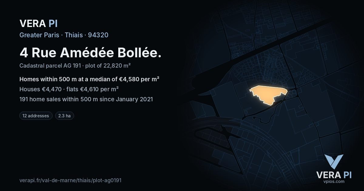 4 Rue Amédée Bollée, Thiais at night – the plot lit, the parcels around coloured by the prices near them