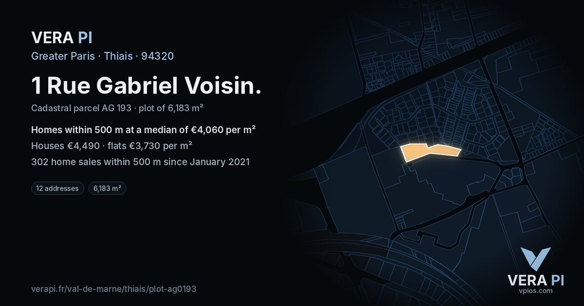 1 Rue Gabriel Voisin, Thiais at night – the plot lit, the parcels around coloured by the prices near them