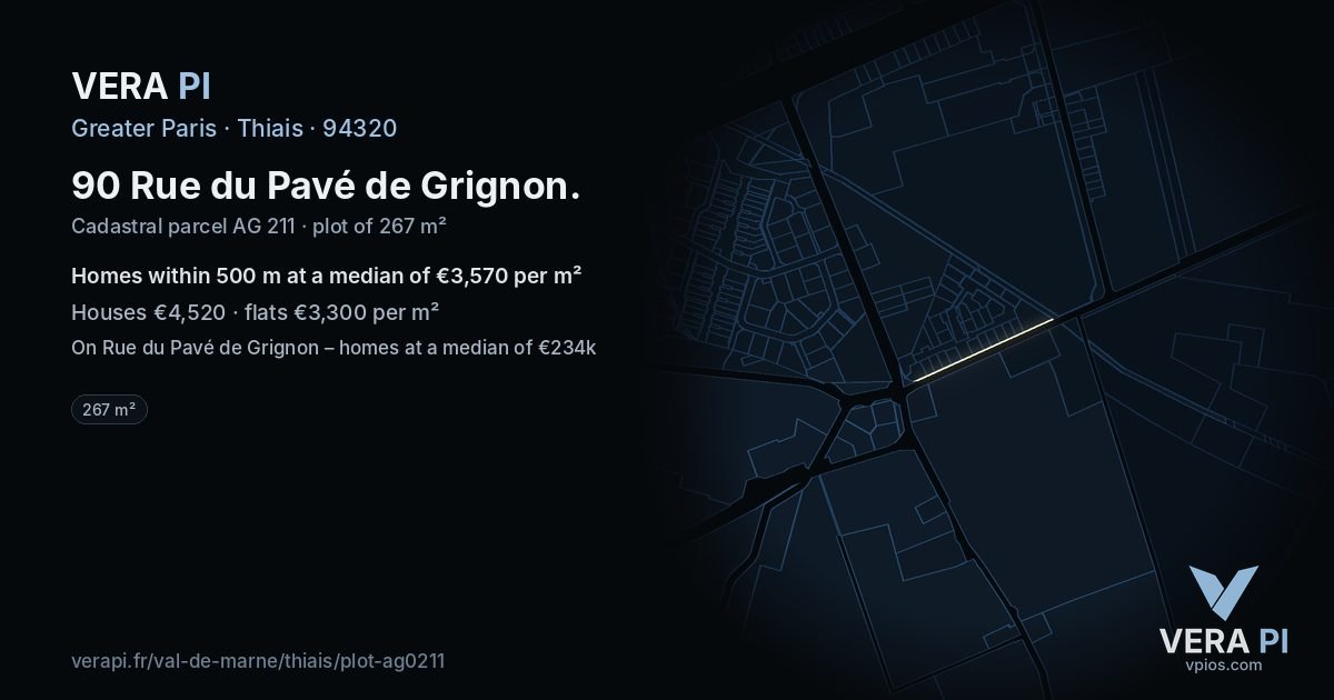 90 Rue du Pavé de Grignon, Thiais at night – the plot lit, the parcels around coloured by the prices near them